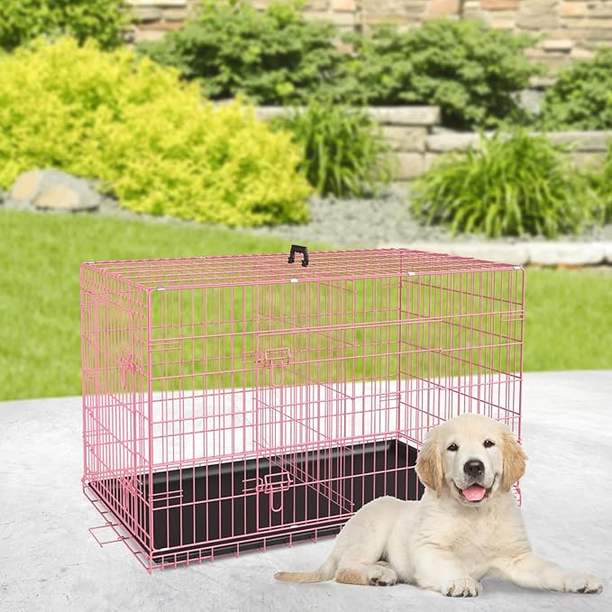 BestPet | Dog Crate | 24" | Pink | Foldable Metal Kennel with Double Doors, Secure Slide-Bolt Latches, Leakproof Tray | Portable Dog Cage for Small Breeds | for Travel, Indoor & Outdoor Use-PawvioPets