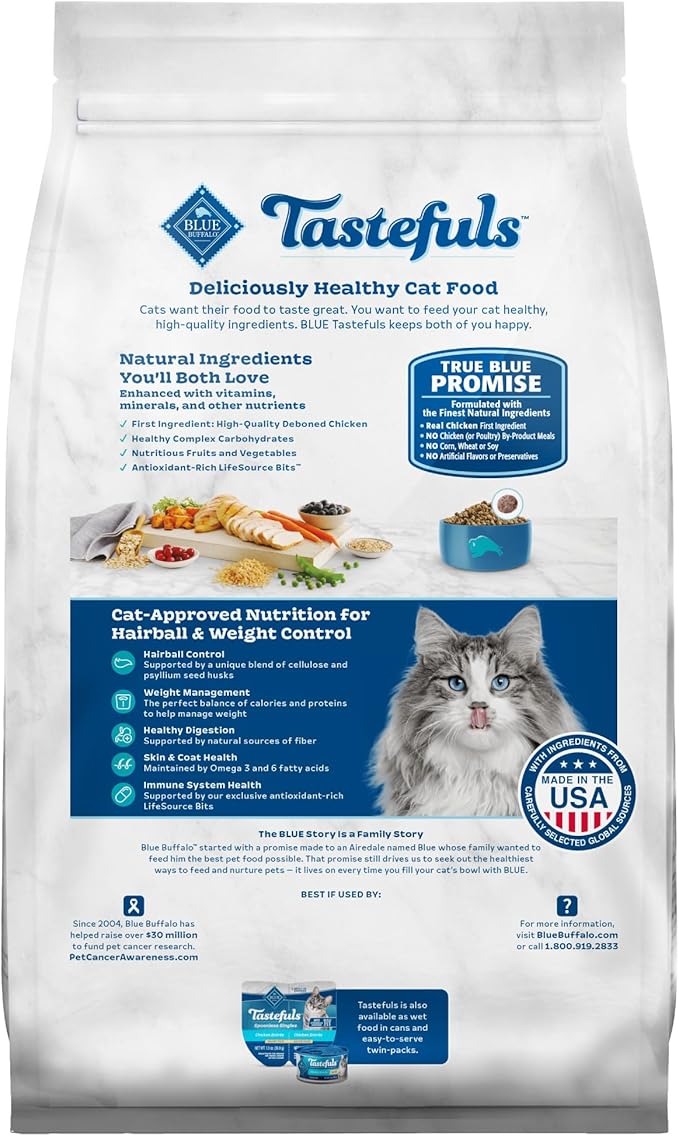 Blue Buffalo Tastefuls Weight & Hairball Control Natural Dry Food for Adult Cats, 3-lb. Bag-PawvioPets