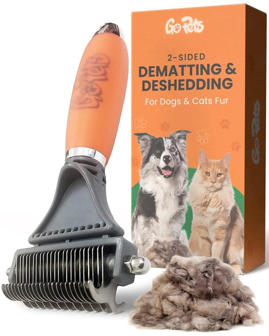 GoPets 2-Sided Dematting & Deshedding Comb for Dogs & Cats, Versatile Undercoat Detangler Brush for Shedding, Matted Hair & Fur Remover Tool, Stress-Free Pet Grooming Rake with Ergonomic Handle-PawvioPets