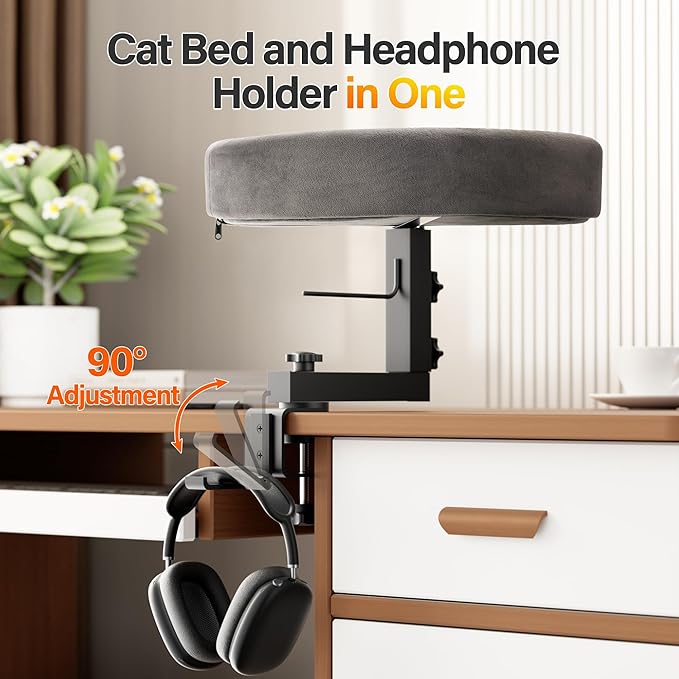 2-in-1 Cat Bed Desk Mount & Headphone Hanger – Adjustable Cats Hammock Bed for Desk, Cat Beds & Furniture for Home Office or Gaming Setup-PawvioPets