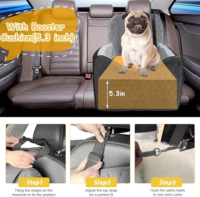 Dog Car Seat for Small/Medium Dogs, Memory Foam Dog Booster Seat, Travel Safety Per Car Seat with Washable Removable Cover, Storage Pockets, up to 35 lbs(BlackGray)-PawvioPets