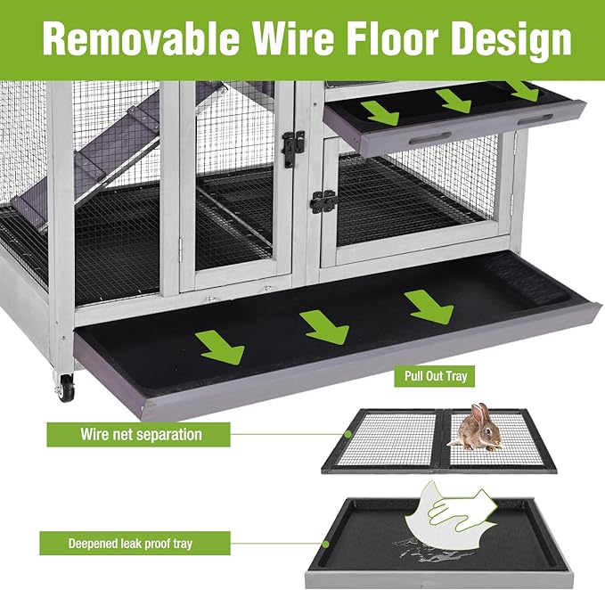 2-Story Rabbit Hutch Indoor Bunny Cage Outdoor Guinea Pig House with Wire Mesh Floor, Leak-Proof Trays, Lockable Wheels for Rabbits, Guinea Pigs, 40.6" L x 26" W x 37.6" H-PawvioPets