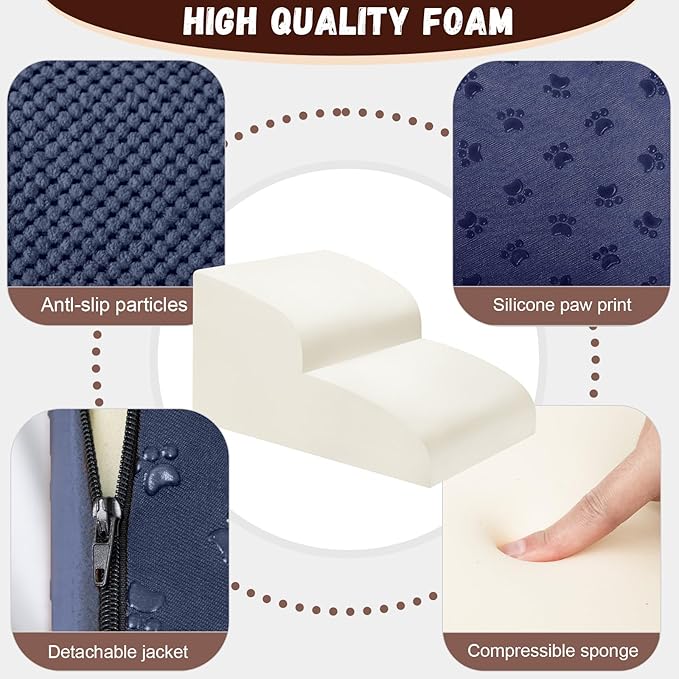Dog Stairs for Small Dogs - High Density Foam Pet Steps, Extra Wide Dog Ramp with Non-Slip Bottom for High Beds, Couch and Sofa, Best for Dogs Injured, Older Doggy Cats,2 Steps, Navy-PawvioPets