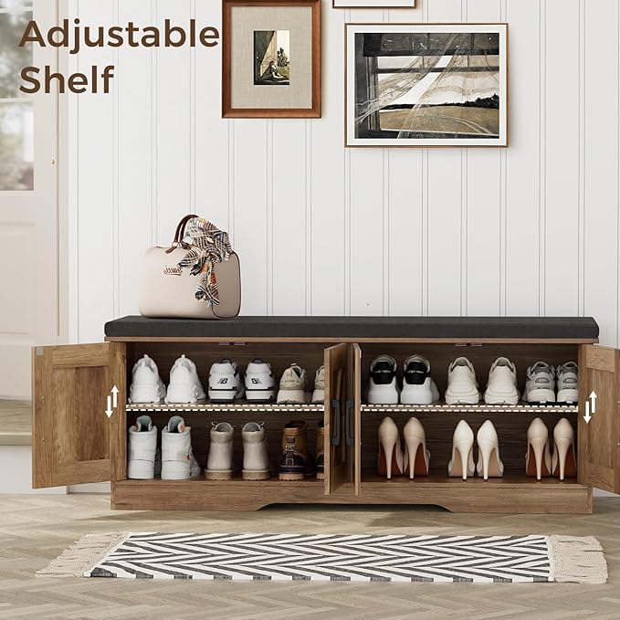 2-Tier Storage Bench, Shoe Bench with Padded Seat Cushion, Entryway Bench with 4 Barn Doors, Adjustable Shelf, 13.8" D x 47.2" W x 17.7" H, for Entryway, Living Room, Bedroom, Rustic Walnut-PawvioPets