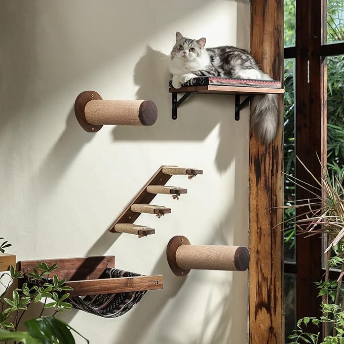 FUKUMARU Cat Wall Furniture, 11.8 Inch Cats Shelves for Drywall, Walnut Wood Kitten Stairs for Wall Mounted with Jute Scratching Kittens Steps, 2 of Pack-PawvioPets