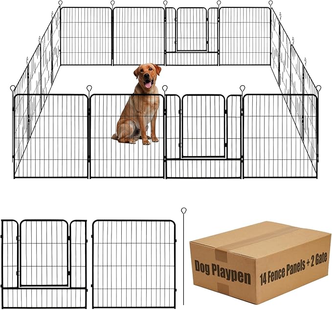 Dog Playpen,24 32 40 48 in(H) Pet Fence Outdoor for Rv Camping,Garden Fence Medium Animal Barrie for Yard,11Ft(L)-56Ft(L) Black Metal Temporary Fencing-PawvioPets