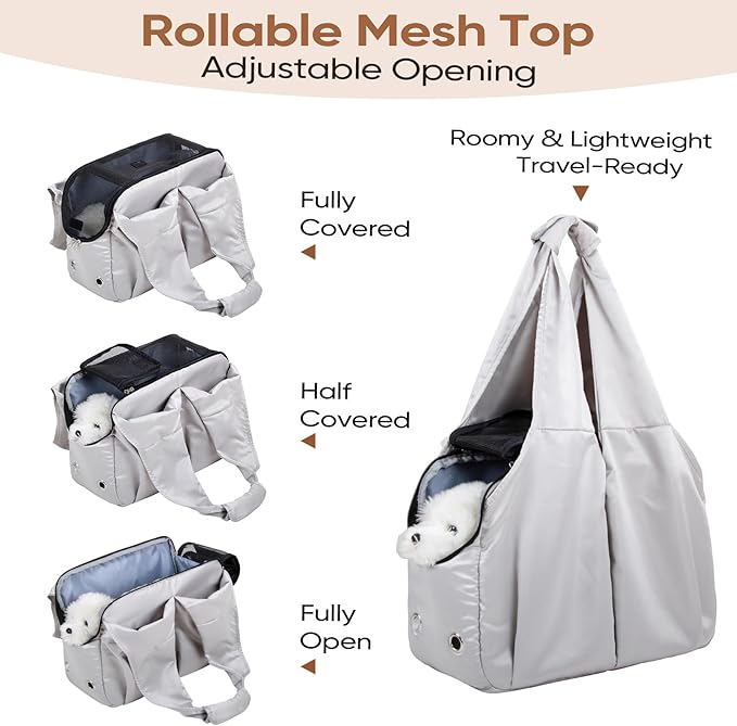 Dog Purse Carrier for Small Dogs, Cats, and Puppies – Soft-Sided Travel Pet Tote Bag with 4 Large Pockets, Foldable, Lightweight, Fits Pets up to 15 lbs, for Travel, Outings (Grey)-PawvioPets