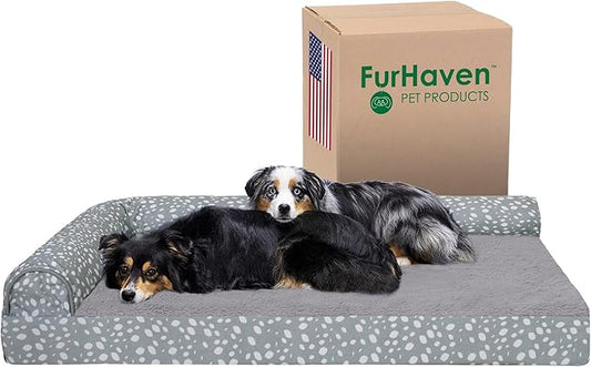 Furhaven Cooling Gel Dog Bed for Large Dogs w/ Removable Bolsters & Washable Cover, For Dogs Up to 125 lbs - Plush & Almond Print L Shaped Chaise - Gray Almonds, Jumbo Plus/XXL-PawvioPets