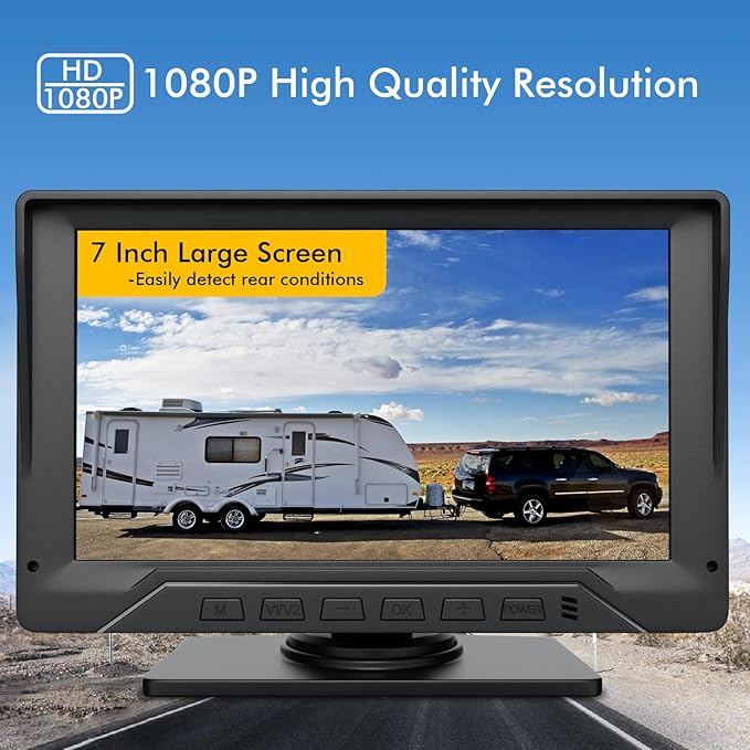 Dual RV Backup Camera Plug and Play, 7'' Backup Camera for Truck Trailer, No Delay, 1080P HD, 2 Channels, 150° Wide Angle, DIY Guide Lines, Night Vision, IP69 Rear View Camera-PawvioPets