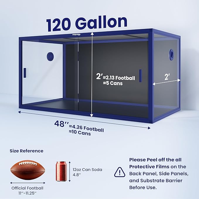 120 Gallon Bearded Dragon Tank,48" x 24" x 24" Reptile Tank with Sliding Door Top Screen Ventilation, Front Opening Reptile Enclosure for Easy Maintenance-PawvioPets