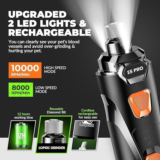 Dog Nail Grinder with 2 LED Lights Powerful 2 Speeds Super Quiet Dog Nail Trimmers with 3 Grinding Wheels Rechargeable Pet Dog Nail Clippers for Large Medium Puppy Dogs Dog Nail File Cat Nail Clipper-PawvioPets