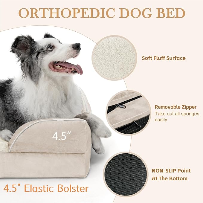 Comfort Expression Waterproof Dog Beds for Large Breed Dogs, Large Dog Beds Orthopedic Foam, Comfy Pet Bed Sofa with Washable Removable Cover & Non-Slip Bottom(Beige)-PawvioPets