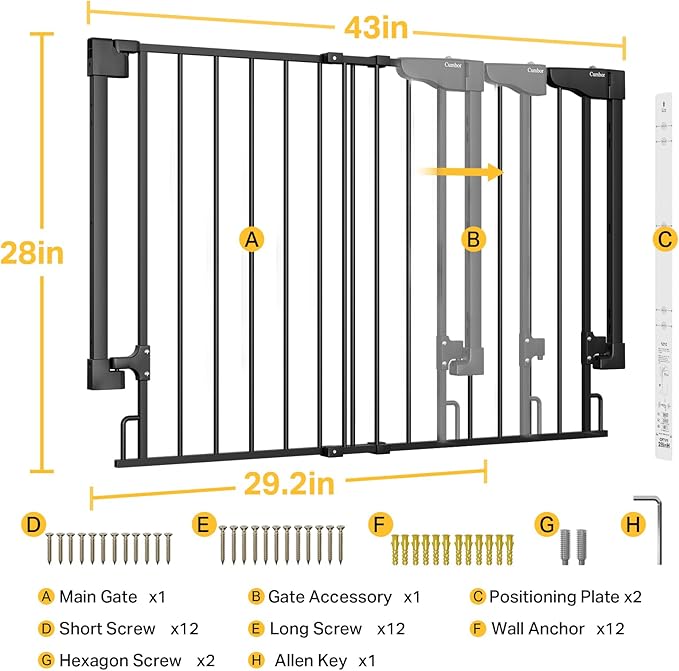 Cumbor 29.2-43" No Bottom Bar Baby Gate for Stairs, 2-in-1 Hardware Mounted Dog Gate Indoor, Wide Pet Gates for Doorway with Large Walk Thru Door, Child-Proof Gate for Top & Bottom of Stairs(Black)-PawvioPets