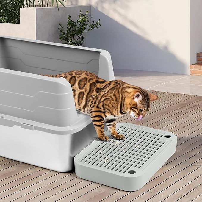 Cat Litter Box Ramp Mat with Filter Function, Cat Step Pedal Stool for Self-Cleaning Litter Box, Easy to Clean, Ideal for Kitten & Elderly Cats (Light Grey)-PawvioPets