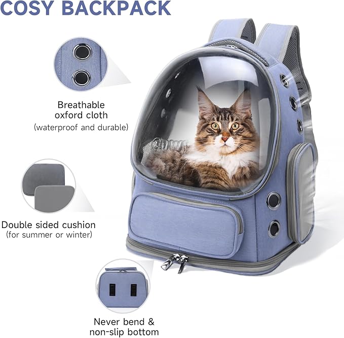 Cat Backpack Carrier, Breathable Cat Carrier Large Space Bubble Pet Backpack for Kitty Small Dog up to 12lbs, Transparent & Foldable Pet Carrier for Travel Hiking (Blue-PawvioPets