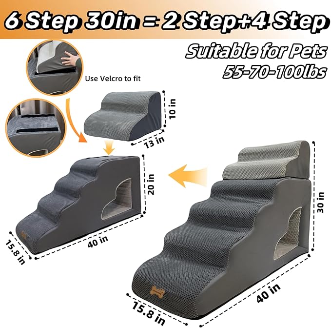 dog stairs for small dogs to 30 inches high beds, 6 step dog ramp stair for 18-36 inches couch-bed,pet stairs for small old meduim large dogs cats,Non-Slip balanced 6 tiers ladder,75 pounds Studry 33D-PawvioPets