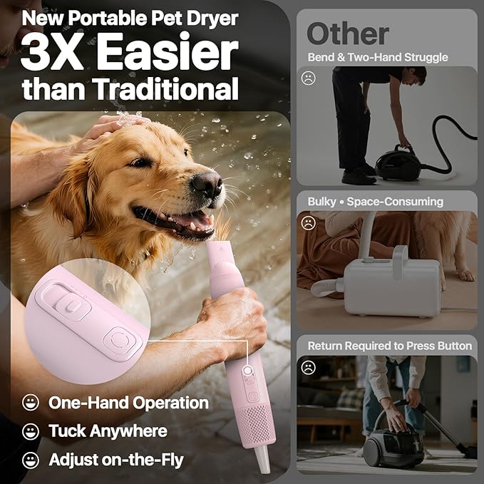 Dog Blow Dryer for Pet Grooming Handheld Lightweight Dog Cat Hair Dryer 3 Speeds 4 Temp, Portable 3HP High Velocity Pet Blower Quiet Dryer for Travel Campaign Home, with 3 Nozzles, Pink-PawvioPets