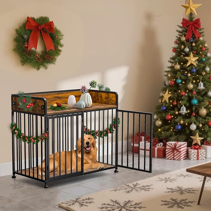 Dog Crate Furniture End Table with Table Guardrail, Heavy Duty Large Dogs Cage, 42 Inch Dog Kennel, Medium Large Dogs House Decorative Pet Crate Indoor-PawvioPets