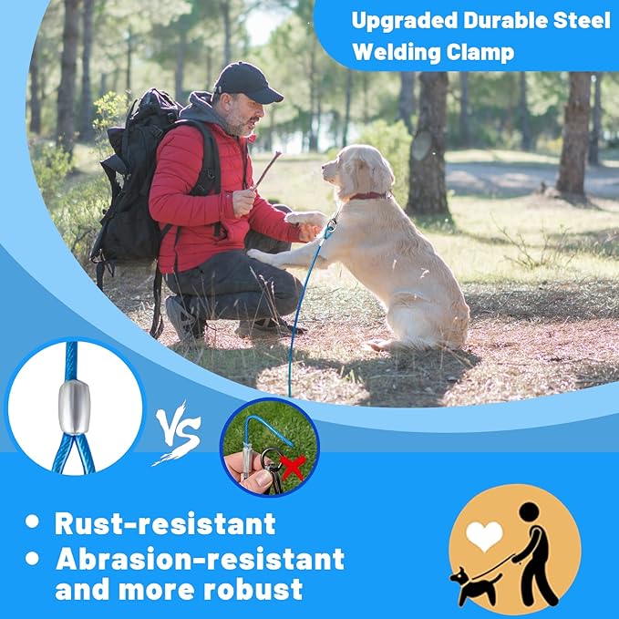 Dog Tie Out Cable - 10/15/20/25/30 FT Blue Steel Wire Cable with Durable Clips - Large Dog Lead for Outside Use - Up to 165 lbs-PawvioPets