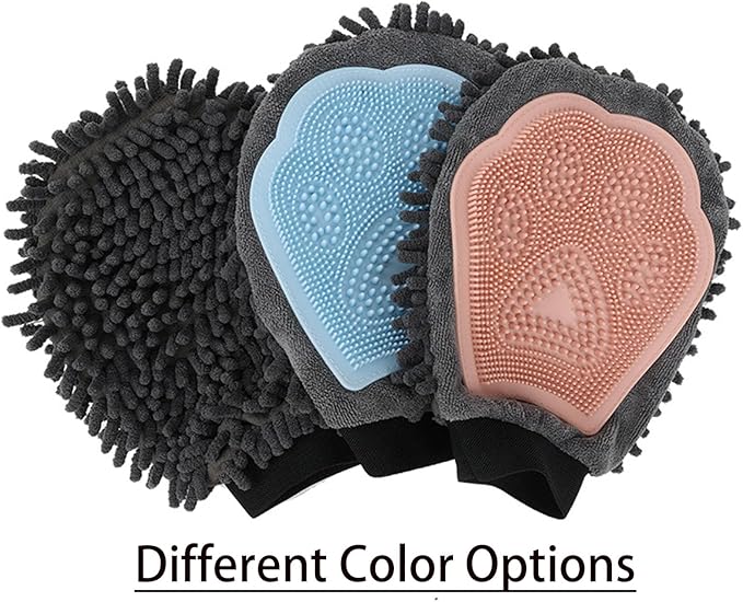 Dual Sided Pet Grooming Glove with Rubber Paw - 2-in-1 Grooming Glove | Fun Dogs & Cats Grooming Tool for Brushing, Massaging, and Scrubbing | Chenille Fabric Side Acts as Pet Bathing(Blue)-PawvioPets