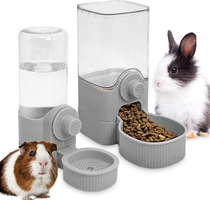 Fhiny Rabbit Food & Water Dispenser, Large Capacity Gravity Guinea Pig Feeder and Waterer Set Hanging Automatic Bunny Feeder for Cage for Bunny Guinea Pig Chinchilla Ferret Cat Puppy-PawvioPets