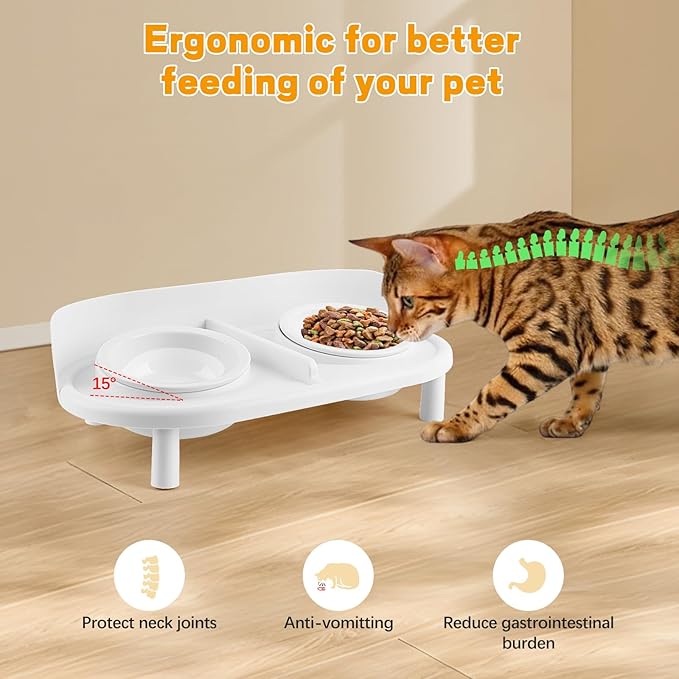 Elevated Cat Bowls, Tilted Rised Cat Food and Water Bowl with 2 Pcs Ceramic Pet Bowls, Rised Stand, Pet Dish Anti Vomiting Feeding Station for All Sized Cats & Small Dogs (White)-PawvioPets