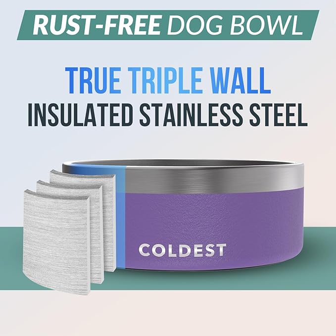 Coldest Dog Bowl - Anti Rust Metal, Non Slip, 3 Layers Insulated Stainless Steel Dog Bowls - Spill Proof & Heavy Duty - Water Bowl for Dogs, Cats & Pets, Dish Washer Safe (64 oz, Galaxy Purple)-PawvioPets