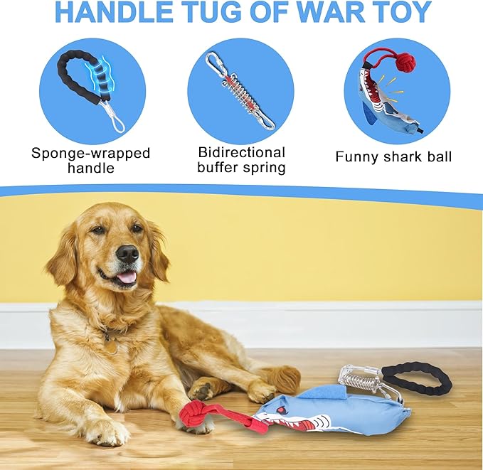 Dog tug of war Toy with Handle,Interactive Dog Toys with Squeak for Aggressive chewers, Durable Bungee Cord Toy with chew Ball-PawvioPets