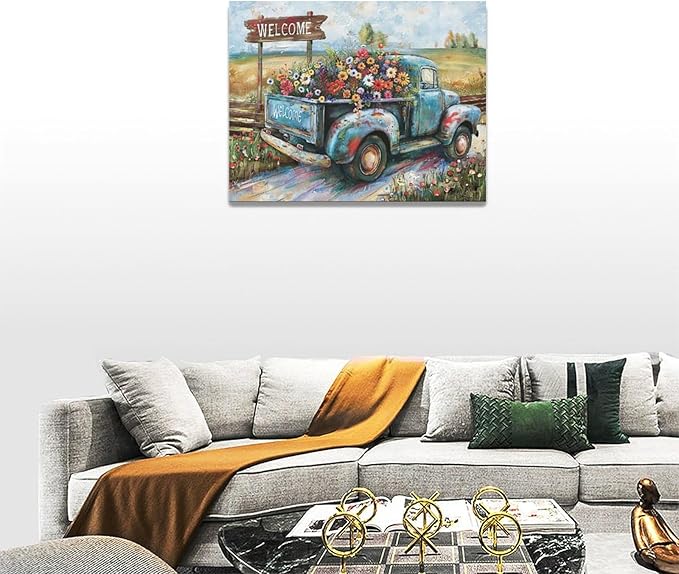 Farmhouse Truck Wall Art Rustic Country Wildflowers Wall Decor Road Flowers Landscape Pictures Canvas Print Painting Artwork for Bathroom Living Room Bedroom 12"x16"-PawvioPets