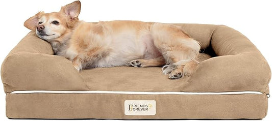Friends Forever Small Dog Bed, Orthopedic Sofa Memory Foam Mattress, Calming Couch, Wall Rim Pillow, Water Resistant Liner, Washable Cover, Non-Slip Bottom, Chester, Small Khaki Beige-PawvioPets
