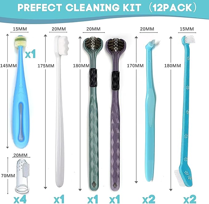 Dog Toothbrush, 360 Degree Finger Toothbrush, Triple Head Toothbrushes,Cleaning Brushes for Dog Cat Oral Dental Health (12 Kit)-PawvioPets