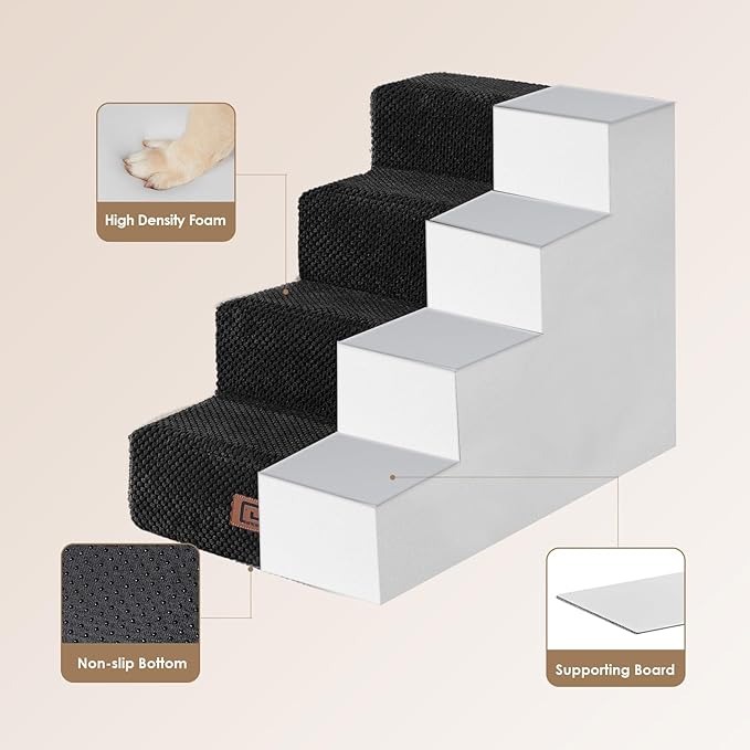 EHEYCIGA Dog Stairs for Bed 18" H, 4-Step Dog Steps for High Bed, Pet Steps for Small Dogs and Cats, Non-Slip Balanced Pet Ramp Indoor, Black-PawvioPets