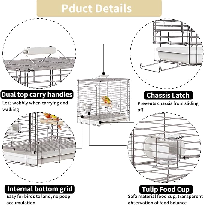 Bird Carrier Travel Cage - 304 Stainless Steel Portable Folding Bird Travel Cage with Parrot Feeder Cups & Standing Perch for Smaller Birds Conures Lovebird Cockatiel Parakeets (White)-PawvioPets
