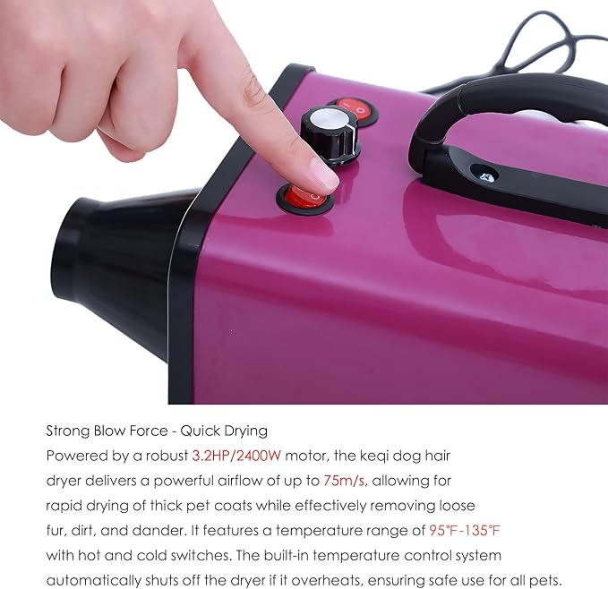 2400w 75m/s Dog Dryer for Pet Grooming, High Velocity Pet Hair Dryer with Heater, Adjustable Speed, 4 Nozzles and a Comb, Purple-PawvioPets