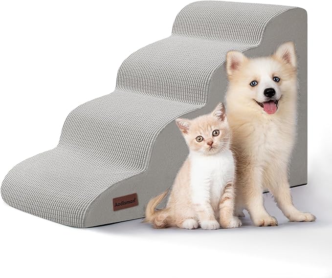 4-Step Dog Stairs and Ramp for Beds or Couches,Non-Slip Sturdy Pet Steps for Small Dogs and Cats,17.4" H,Light Grey-PawvioPets