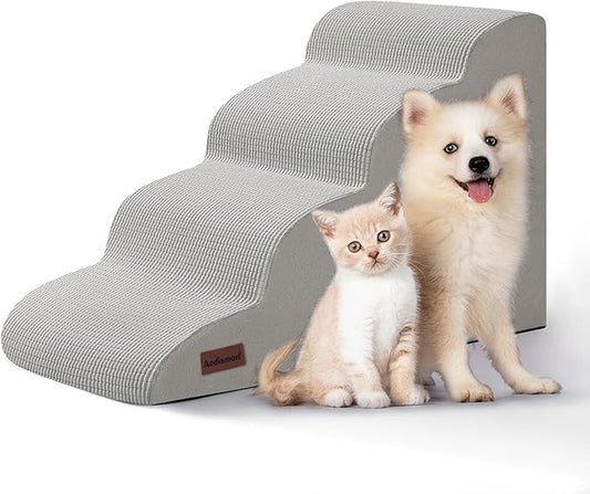 4-Step Dog Stairs and Ramp for Beds or Couches,Non-Slip Sturdy Pet Steps for Small Dogs and Cats,17.4" H,Light Grey-PawvioPets