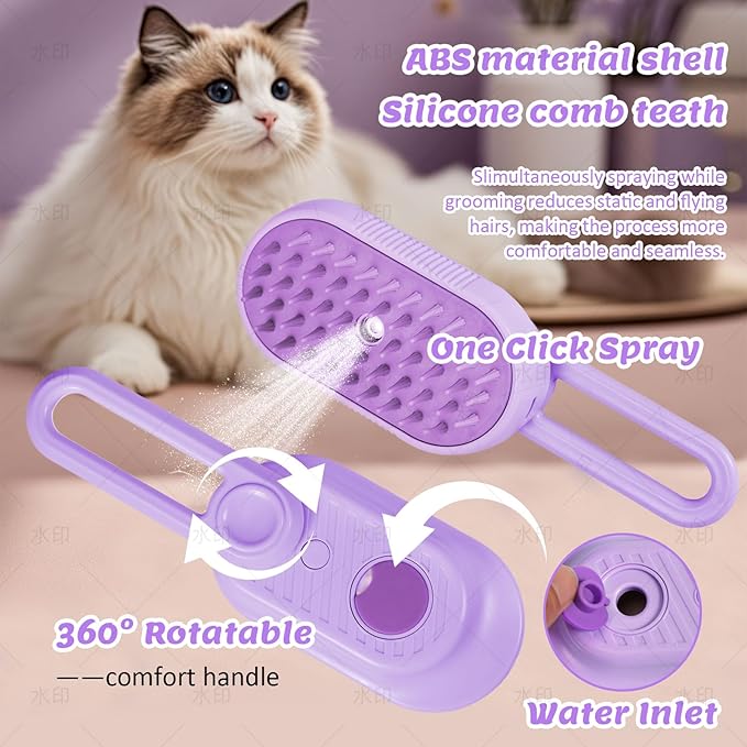 4 in 1 Cat & Dog Steam Brush Kit with 2 Comb Heads - Rechargeable Grooming Brush for Long/Short Hair Shedding, Anti-Static Steam Spray & Foldable Handle, Pet Spa Cleaning Tool (Purple)-PawvioPets