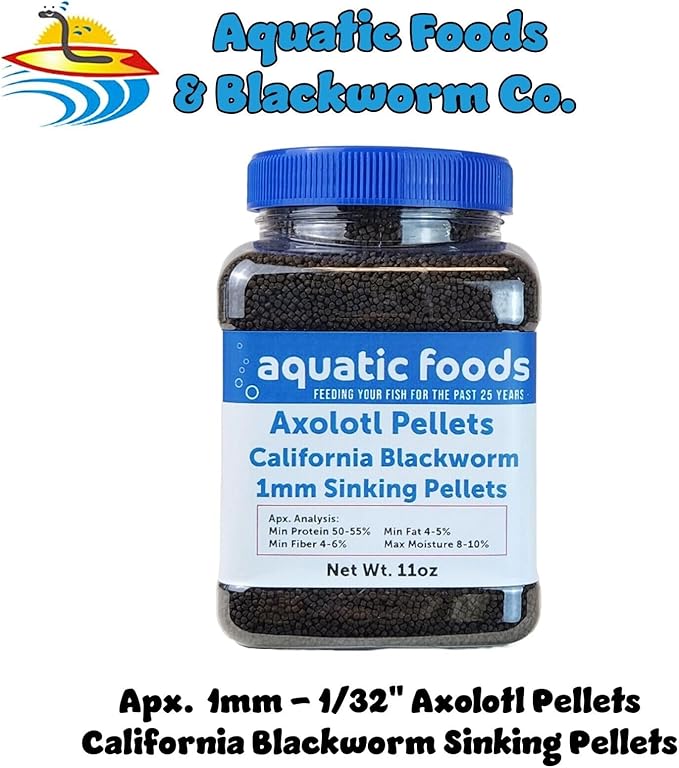 Aquatic Foods Inc. Axolotl Blackworm Pellets. 1mm-1/32 Sinking California Blackworm Micro Pellets for Baby Axolotl, Frogs, Shrimp, Salamanders, Newts, Snails…11oz Jar-PawvioPets