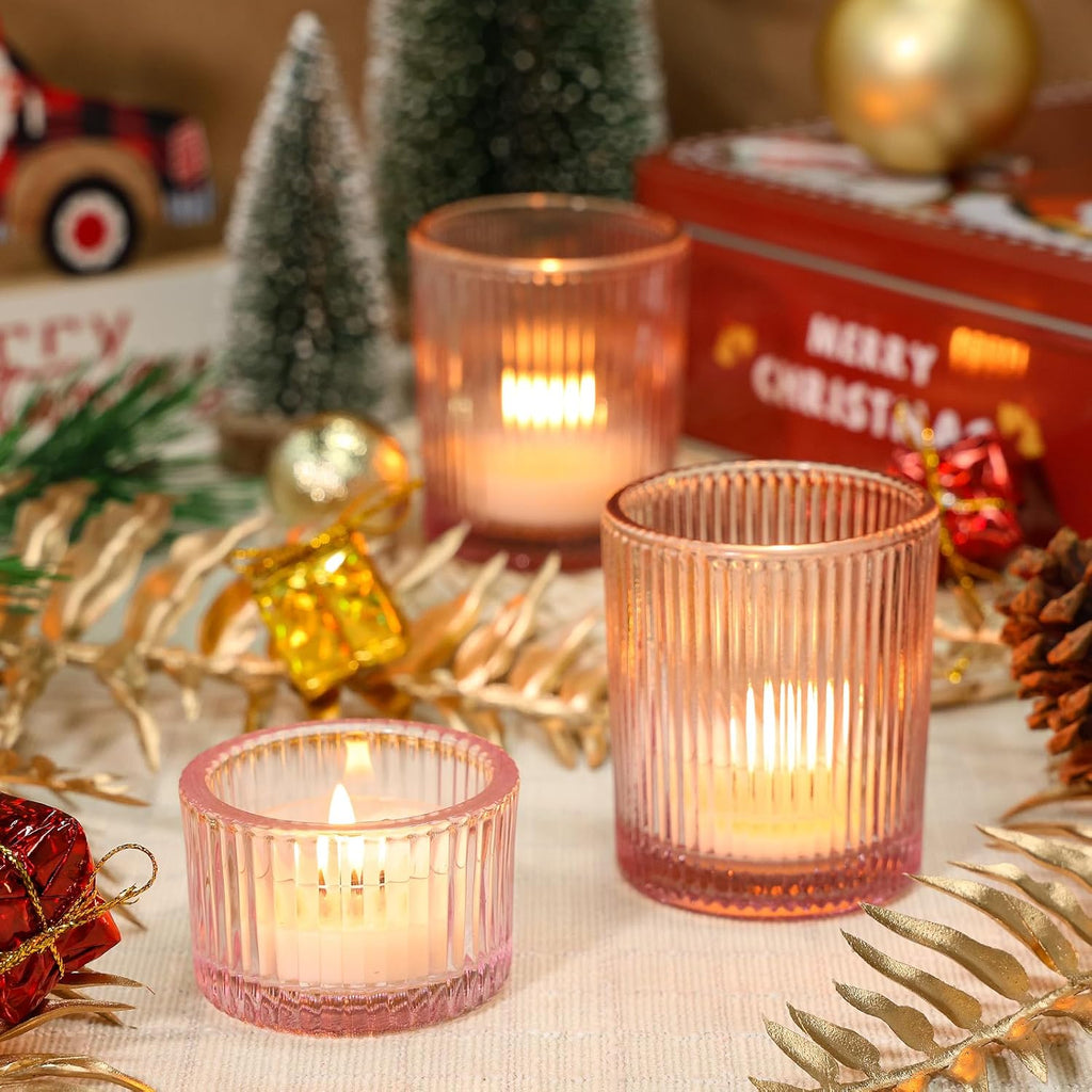 24 Pcs Glass Votive Candle Holders – Assorted Ribbed Pink Tea Light Holders Bulk for Weddings, Baby Showers, Parties, Home Décor, and Table Centerpieces