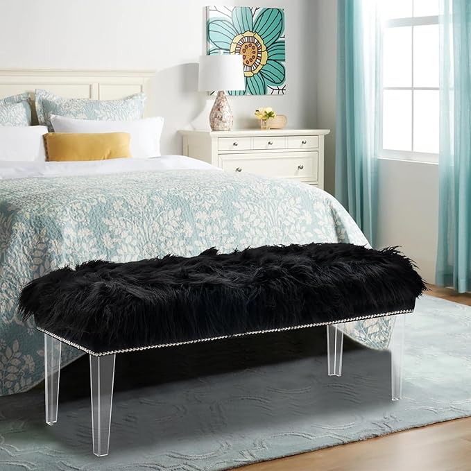 46 Inch Black Bedroom Bench, Benches for Bedroom White Faux Fur Upholstered Bed end Bench, Tufting Bench Indoor Bench with Acrylic Legs for Living Room Bedroom Dining Room Entryway, Black-PawvioPets