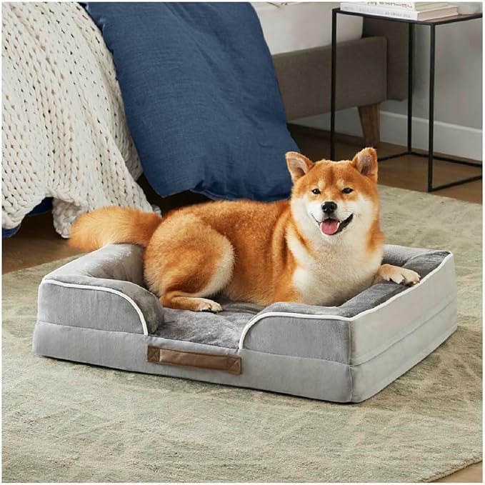 Friends Forever Orthopedic Dog Bed for Medium Dogs, Waterproof Memory Foam Dog Sofa Bed M with Removable Washable Cover, Ally Grey, 28x23x6.5-PawvioPets