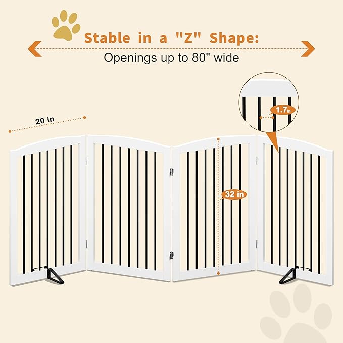 Freestanding Pet Gate - Foldable Wooden Dog Gate, 80 Inch Wide, 4 Panels, White-PawvioPets