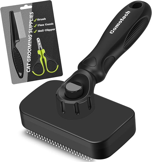 Comotech 3PCS Cat Grooming Supplies,Cat Brush & Nail Clipper/Trimmer & Flea Comb for Shedding Indoor Cats Dogs and Small Animals - Meet All Your Pet's Daily Grooming Needs - All in One Set (Black)-PawvioPets