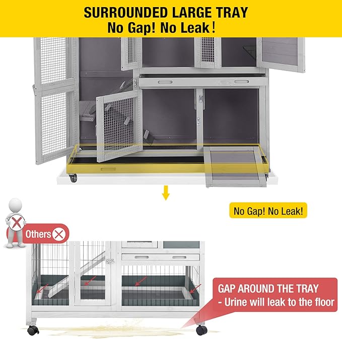 Aivituvin 47" Two Story Rabbit Hutch Bunny Cage with Wheels, Indoor Outdoor Guinea Pig Cage with 2 Deep No Leak Tray-PawvioPets