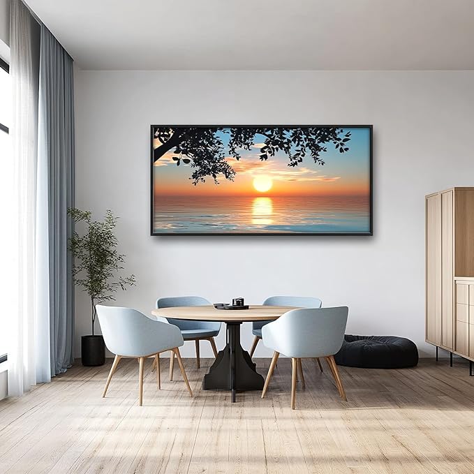 Framed Large Lake Sunset Wall Art, Oversized Natural Landscape Wall Decor for Living Room, Tree Leaves Canvas Painting Pictures Home Decoration for Living Room Bedroom Office 60"x30"-PawvioPets