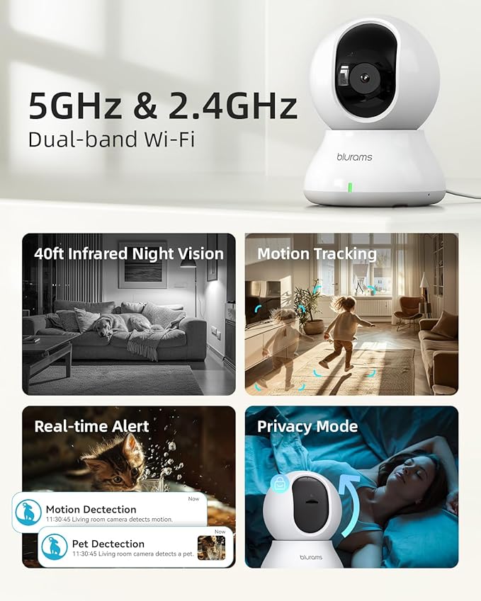 blurams Indoor Security Camera, 5GHz/2.4GHz Dual-Band, 2K PZT Pet Camera with Phone App, 360° Cameras for Home Security, 2-Way Audio, Motion Tracking, Night Vision, Siren, Cloud&SD-PawvioPets