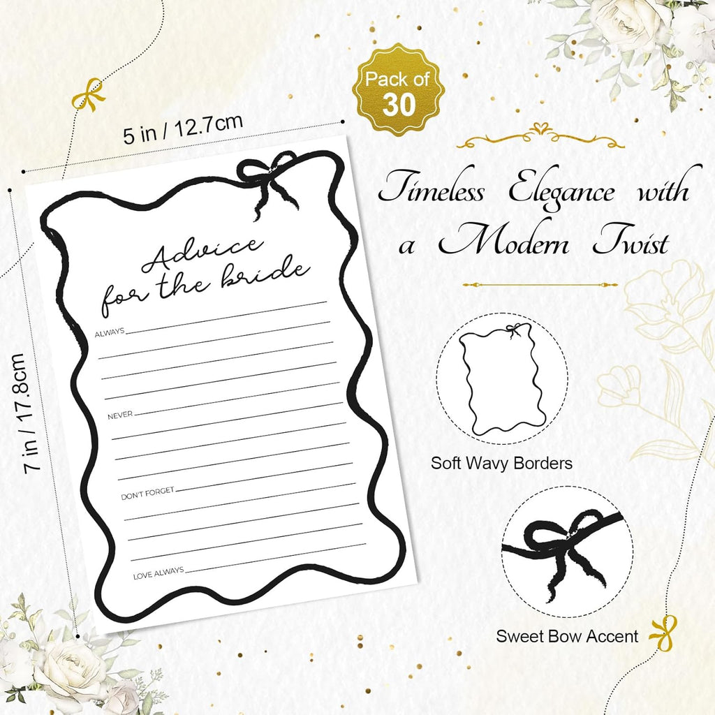 DEEKA 30 PCS Bridal Shower Games Card for 30 Guests Black Wavy Border Ribbon Bow Funny Wedding Bachelorette Party Games for Reception (Advice for The Bride)