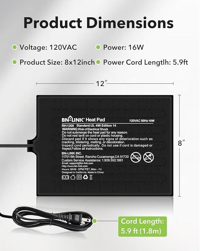 BN-LINK Reptile Heat Pad 8"X12" 16W for 30-40gal Under Tank Terrarium Heating Mat Waterproof for Turtle, Lizard, Frogs, Snake, Hermit Crab-PawvioPets