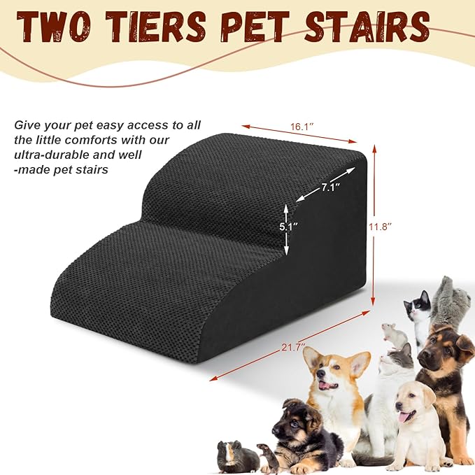 Dog Stairs for Small Dogs - High Density Foam Pet Steps, Extra Wide Dog Ramp with Non-Slip Bottom for High Beds, Couch and Sofa, Best for Dogs Injured, Older Doggy Cats,2 Steps, Black-PawvioPets