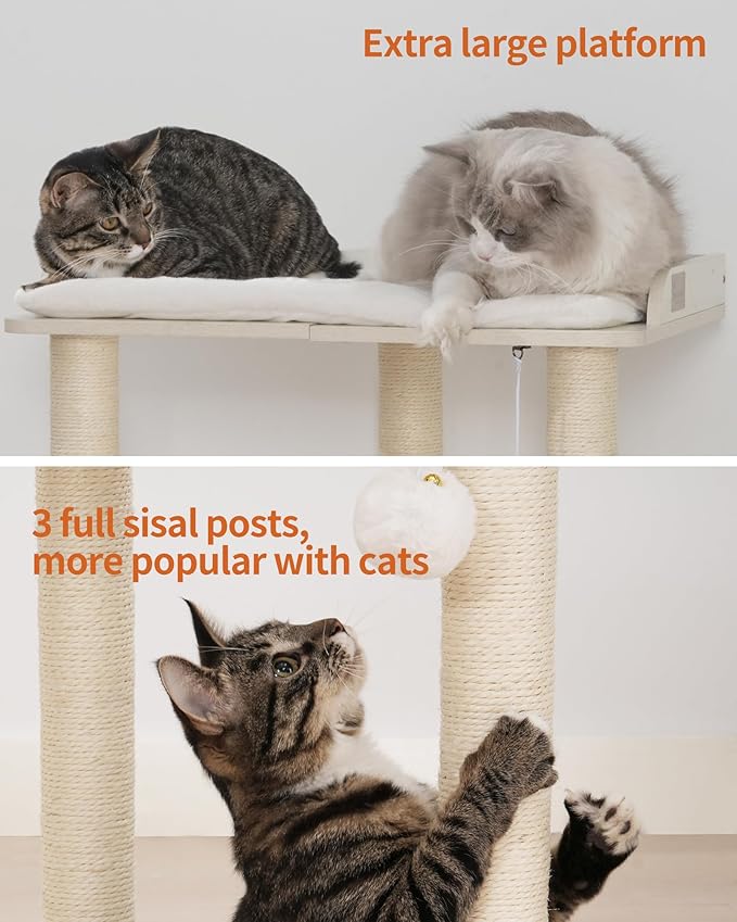 FourFurPets 26.7in Large Cat Tree Tower Condo, Cat Scratch Posts for Indoor Cats, Big Plate, Three 23.6in Full Sisal Scratching Posts, White-PawvioPets